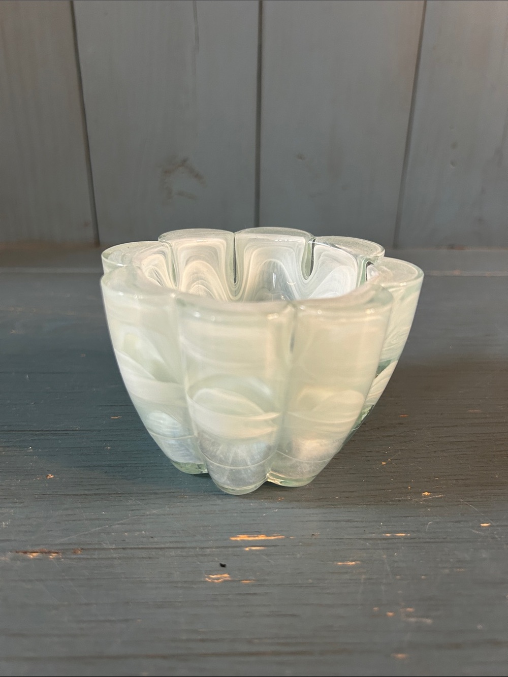 Vintage Handblown Ecoglsss Blue & White Swirl Glass Decorative Bowl or Votive
